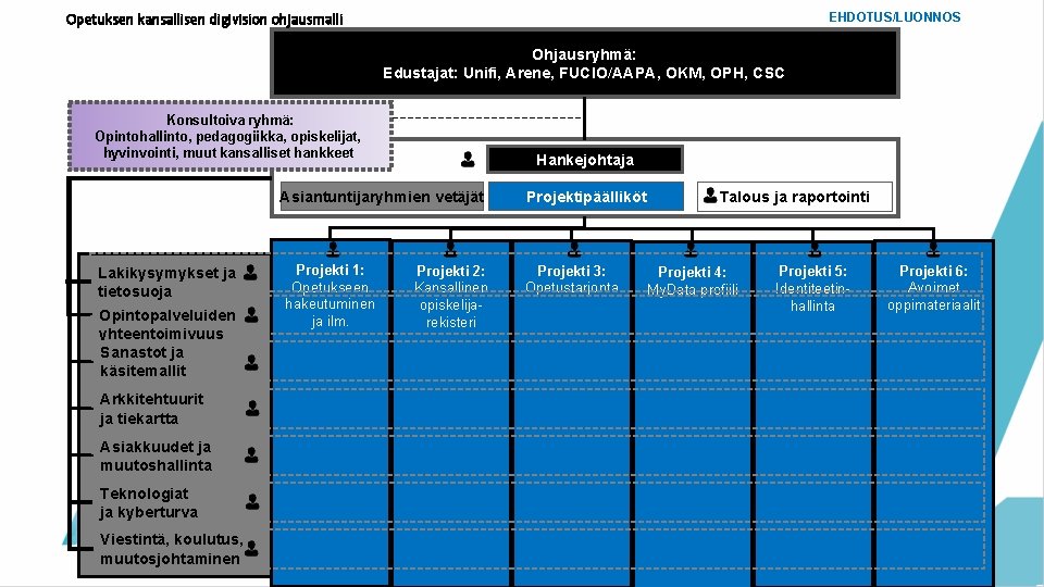 Opetuksen kansallisen digivision ohjausmalli EHDOTUS/LUONNOS Ohjausryhmä: Edustajat: Unifi, Arene, FUCIO/AAPA, OKM, OPH, CSC Konsultoiva