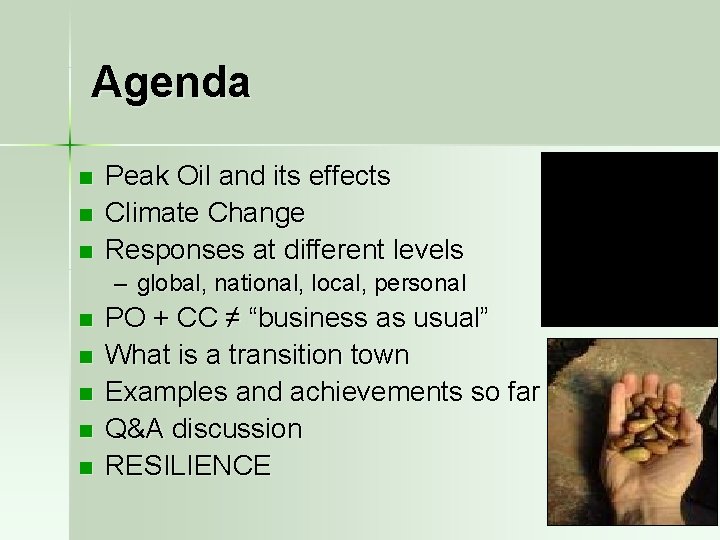 Agenda n n n Peak Oil and its effects Climate Change Responses at different