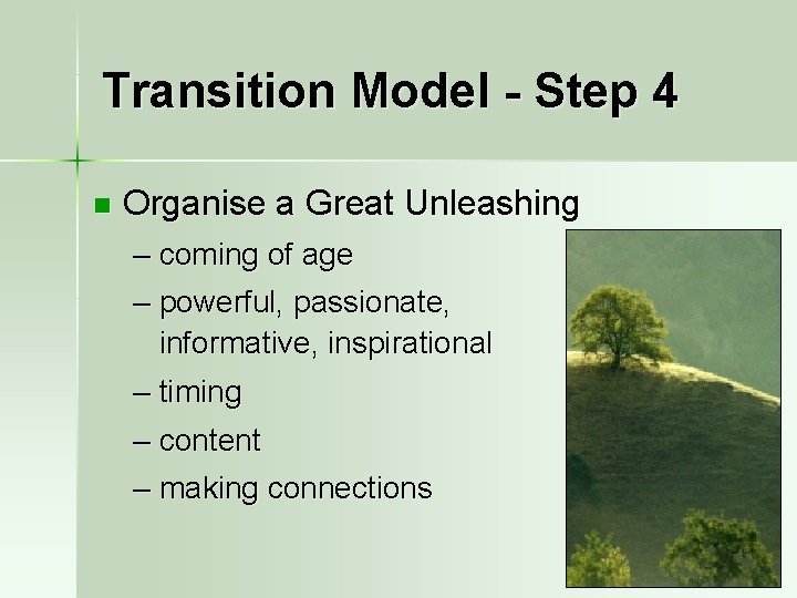 Transition Model - Step 4 n Organise a Great Unleashing – coming of age