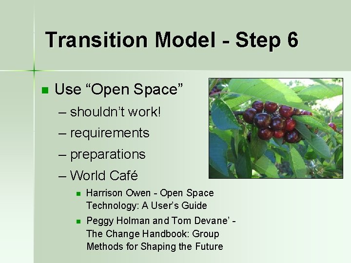 Transition Model - Step 6 n Use “Open Space” – shouldn’t work! – requirements