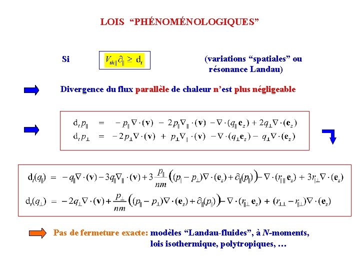 LOIS “PHÉNOMÉNOLOGIQUES” Si (variations “spatiales” ou résonance Landau) Divergence du flux parallèle de chaleur