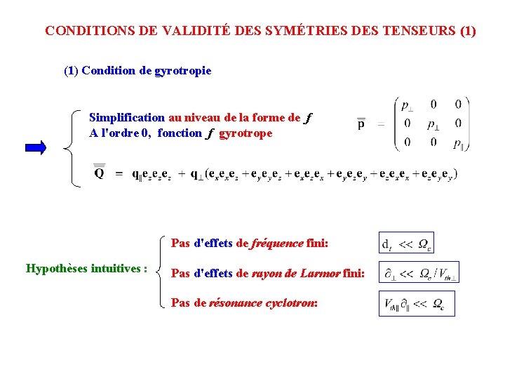CONDITIONS DE VALIDITÉ DES SYMÉTRIES DES TENSEURS (1) Condition de gyrotropie Simplification au niveau