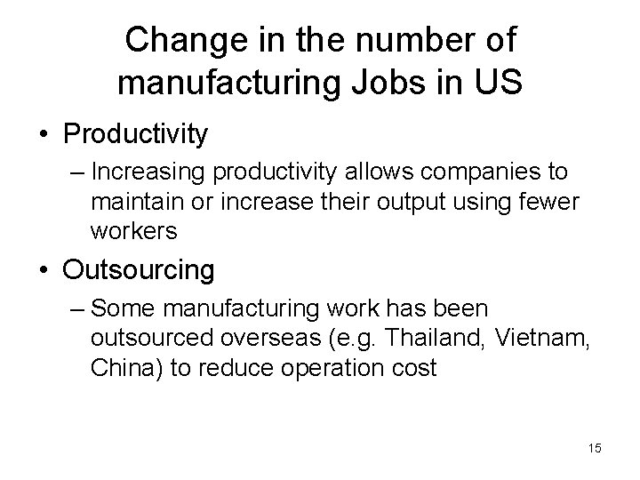 Change in the number of manufacturing Jobs in US • Productivity – Increasing productivity