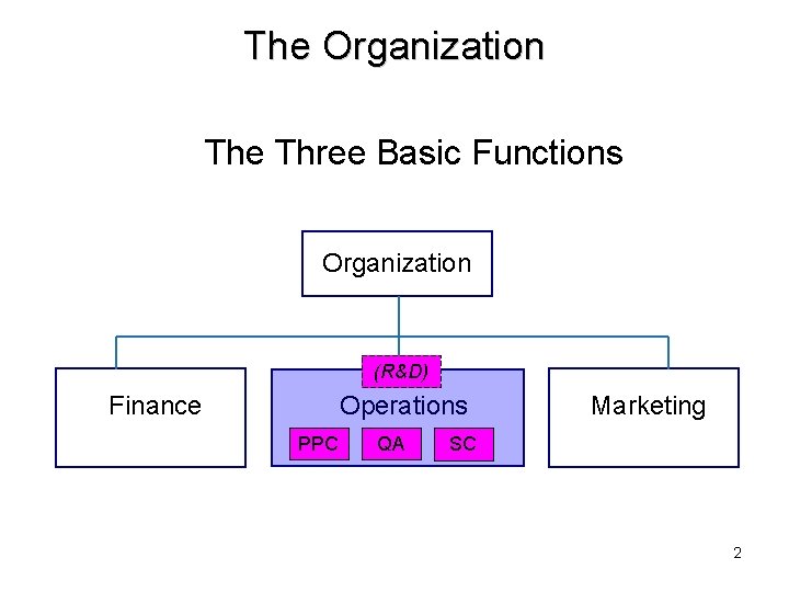 The Organization The Three Basic Functions Organization (R&D) Finance Operations PPC QA Marketing SC