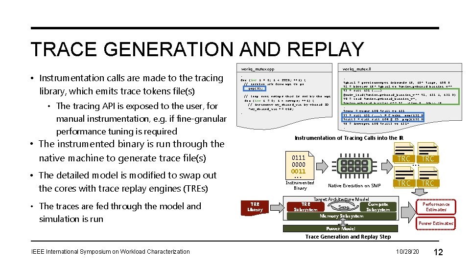 TRACE GENERATION AND REPLAY • Instrumentation calls are made to the tracing library, which