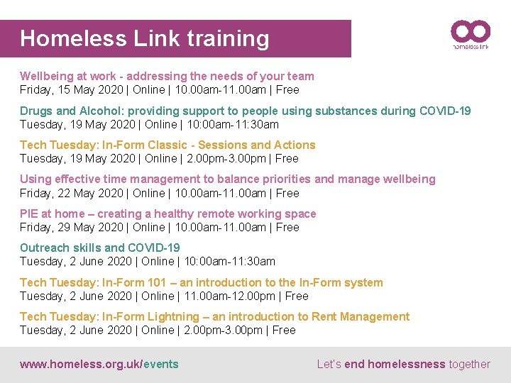 Homeless Link training Wellbeing at work - addressing the needs of your team Friday,
