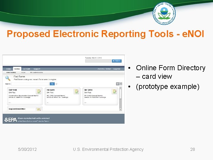 Proposed Electronic Reporting Tools - e. NOI • Online Form Directory – card view