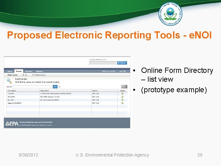 Proposed Electronic Reporting Tools - e. NOI • Online Form Directory – list view