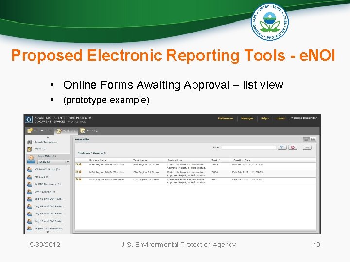 Proposed Electronic Reporting Tools - e. NOI • Online Forms Awaiting Approval – list