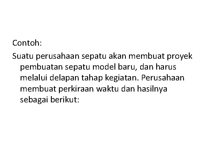 Contoh: Suatu perusahaan sepatu akan membuat proyek pembuatan sepatu model baru, dan harus melalui