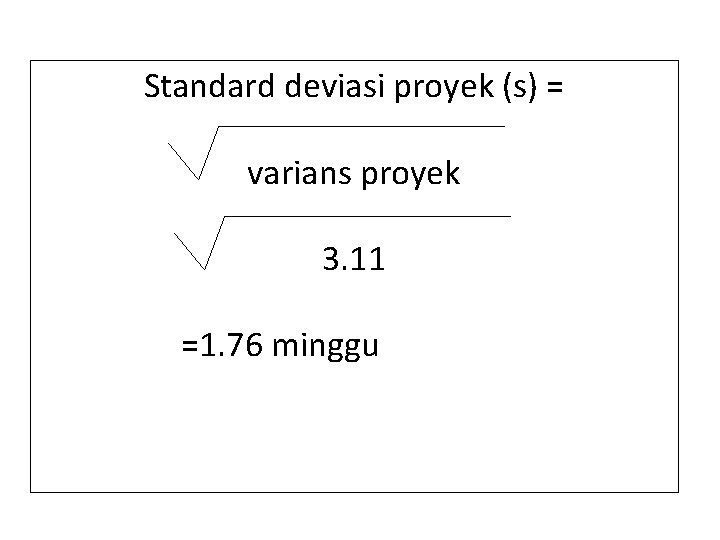 Standard deviasi proyek (s) = varians proyek 3. 11 =1. 76 minggu 