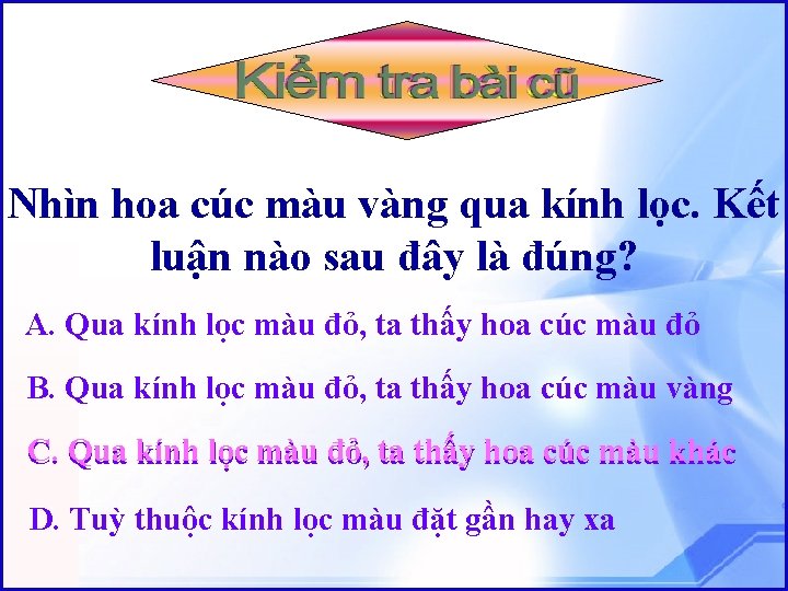 Nhìn hoa cúc màu vàng qua kính lọc. Kết luận nào sau đây là Nhìn hoa cúc màu vàng qua kính lọc. Kết luận nào sau đây là