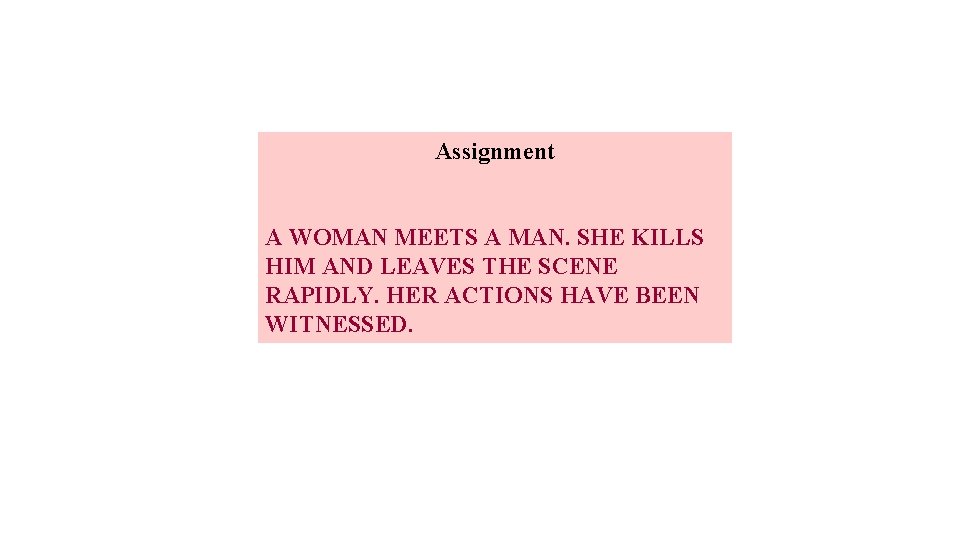 Assignment A WOMAN MEETS A MAN. SHE KILLS HIM AND LEAVES THE SCENE RAPIDLY.