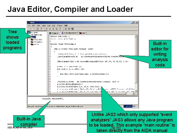 Java Editor, Compiler and Loader Tree shows loaded programs Built-in Java compiler JAIDA, AIDA-JNI,