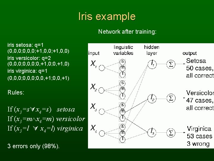 Iris example Network after training: iris setosa: q=1 (0, 0, 0; +1, 0, 0)