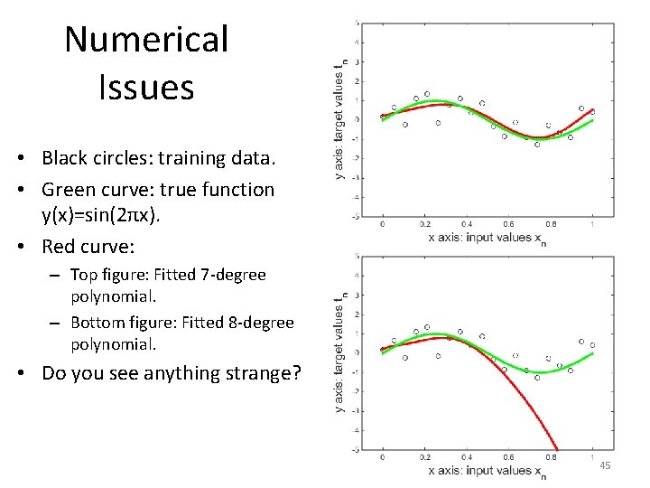 Numerical Issues • Black circles: training data. • Green curve: true function y(x)=sin(2πx). •