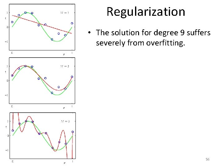 Regularization • The solution for degree 9 suffers severely from overfitting. 56 