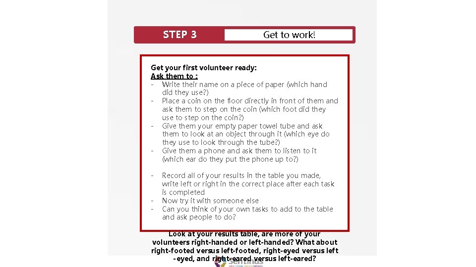 STEP 3 Get to work! Get your first volunteer ready: Ask them to :