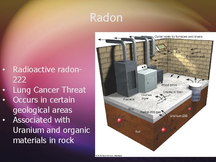 Radon • Radioactive radon 222 • Lung Cancer Threat • Occurs in certain geological