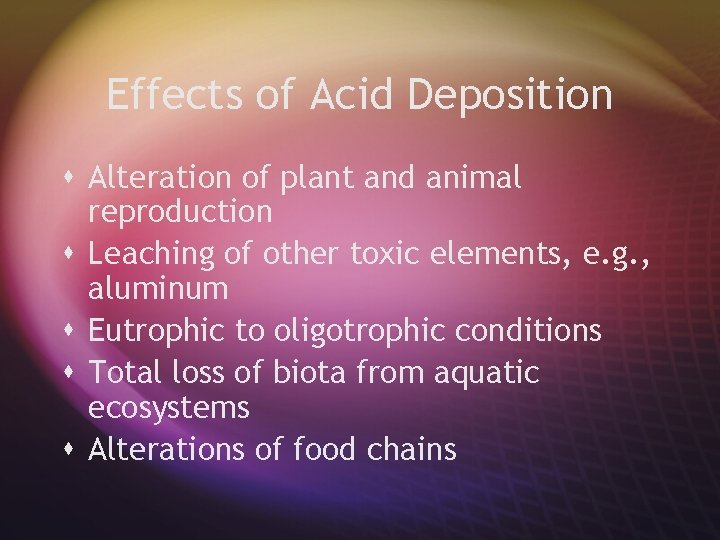 Effects of Acid Deposition s Alteration of plant and animal reproduction s Leaching of