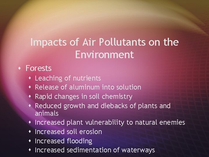 Impacts of Air Pollutants on the Environment s Forests s s s s Leaching