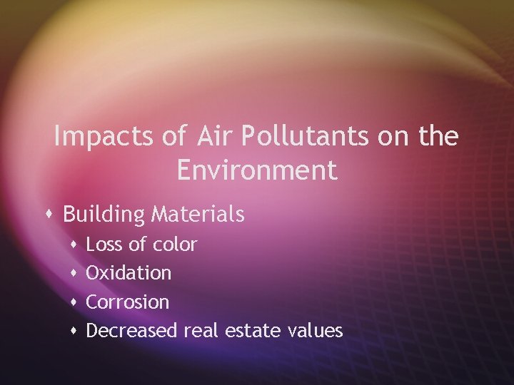 Impacts of Air Pollutants on the Environment s Building Materials s s Loss of