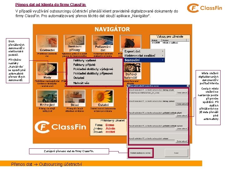 Přenos dat od klienta do firmy Class. Fin V případě využívání outsourcingu účetnictví přenáší