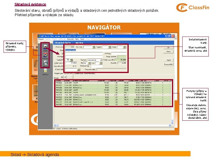 Skladová evidence Sledování stavu, obratů (příjmů a výdajů) a skladových cen jednotlivých skladových položek.