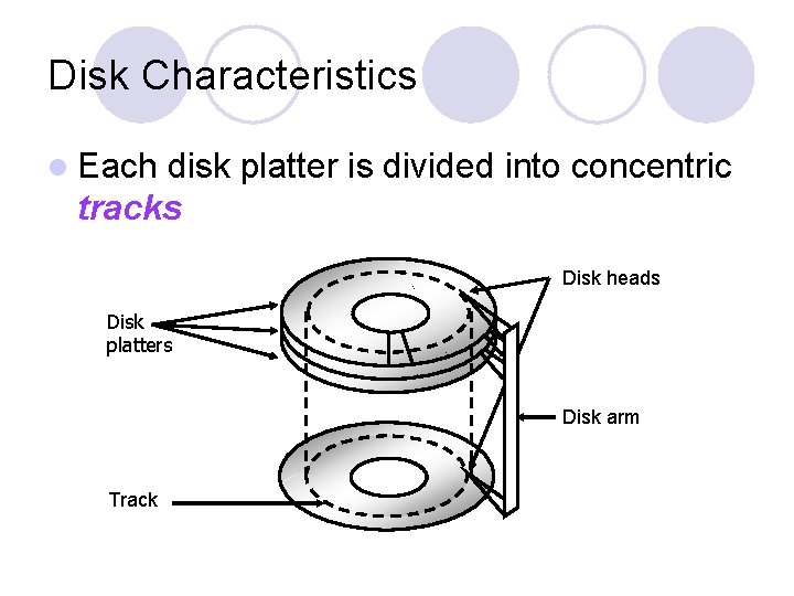 Disk Characteristics l Each disk platter is divided into concentric tracks Disk heads Disk