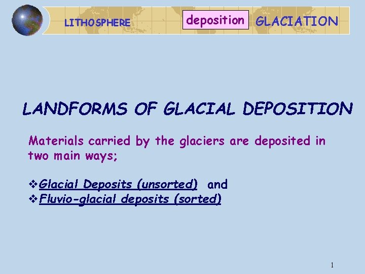 LITHOSPHERE deposition GLACIATION LANDFORMS OF GLACIAL DEPOSITION Materials carried by the glaciers are deposited