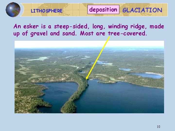 LITHOSPHERE deposition GLACIATION An esker is a steep-sided, long, winding ridge, made up of