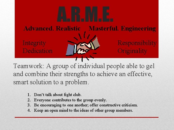 A. R. M. E. Advanced. Realistic Integrity Dedication Masterful. Engineering Responsibility Originality Teamwork: A