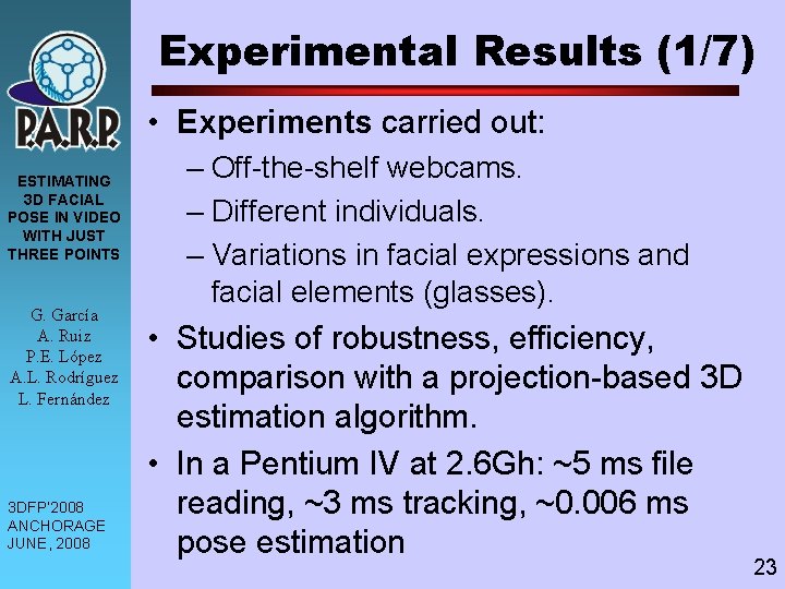 Experimental Results (1/7) • Experiments carried out: ESTIMATING 3 D FACIAL POSE IN VIDEO