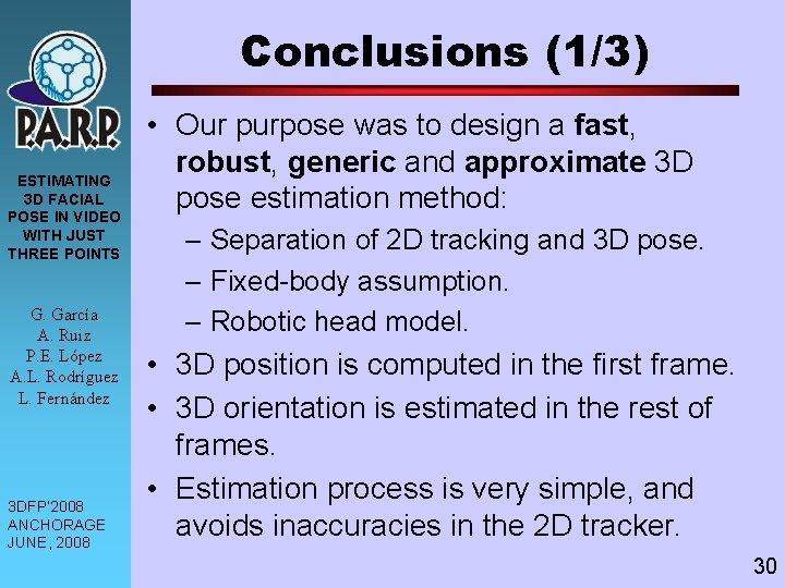 Conclusions (1/3) ESTIMATING 3 D FACIAL POSE IN VIDEO WITH JUST THREE POINTS G.
