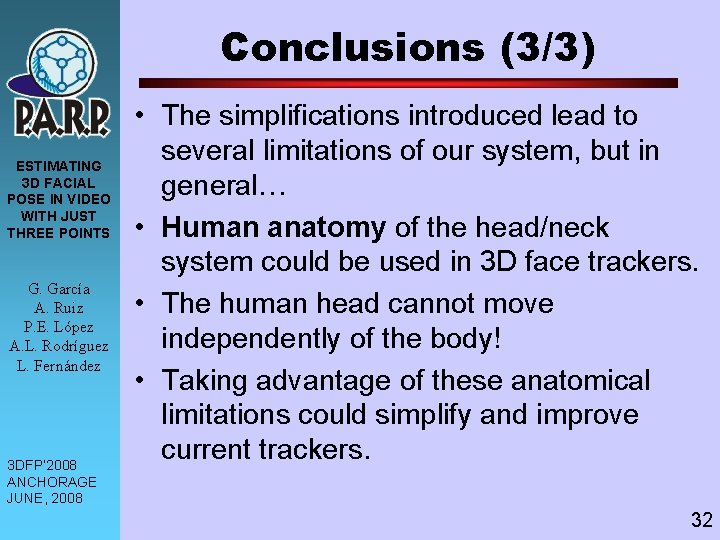 Conclusions (3/3) ESTIMATING 3 D FACIAL POSE IN VIDEO WITH JUST THREE POINTS G.