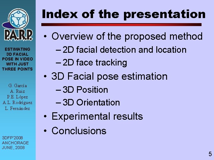 Index of the presentation • Overview of the proposed method ESTIMATING 3 D FACIAL