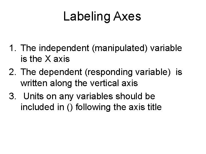 Labeling Axes 1. The independent (manipulated) variable is the X axis 2. The dependent