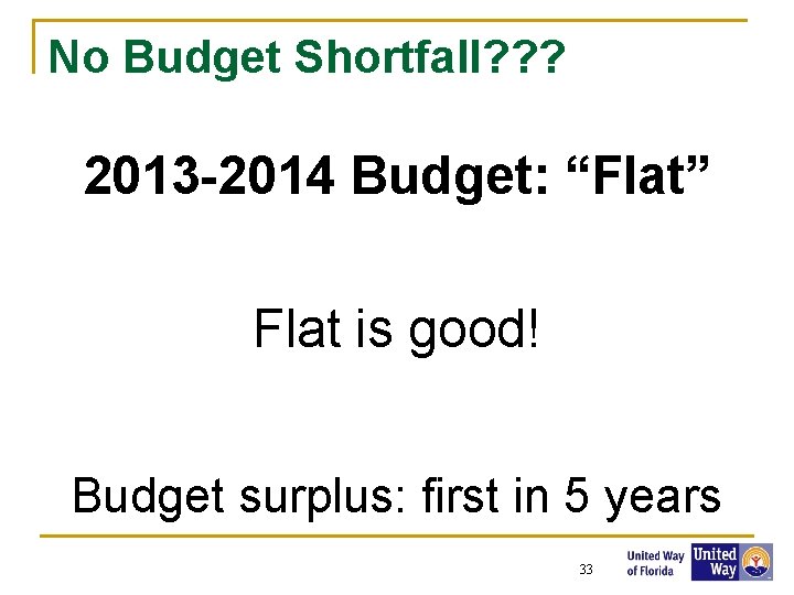 No Budget Shortfall? ? ? 2013 -2014 Budget: “Flat” Flat is good! Budget surplus: