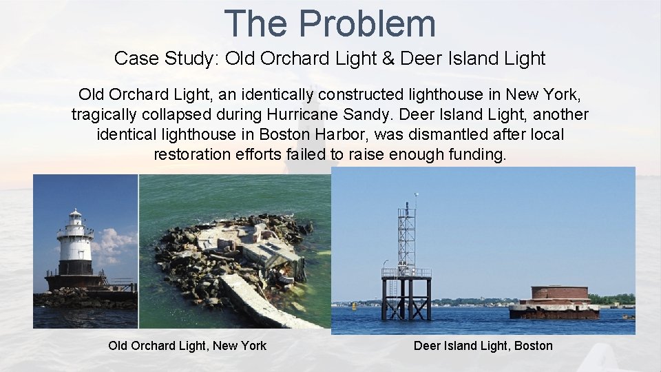 The Problem Case Study: Old Orchard Light & Deer Island Light Old Orchard Light,