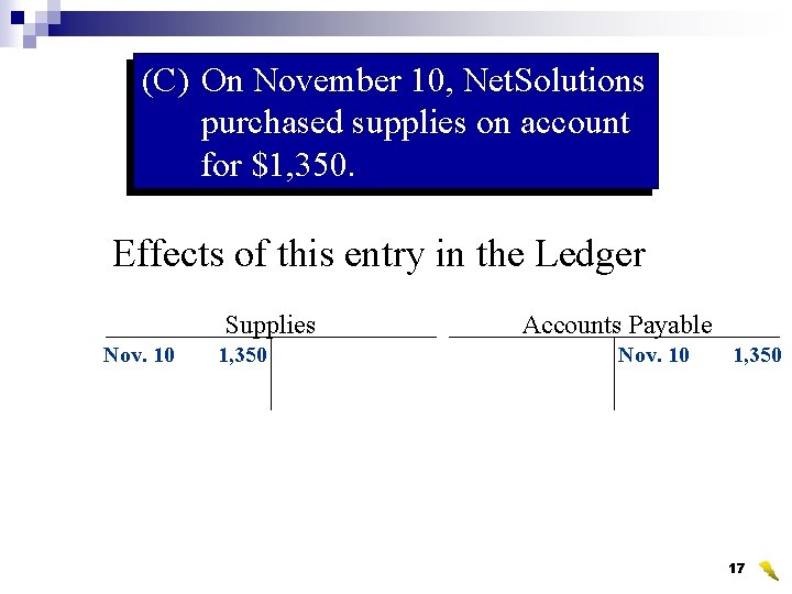 (C) On November 10, Net. Solutions purchased supplies on account for $1, 350. Effects