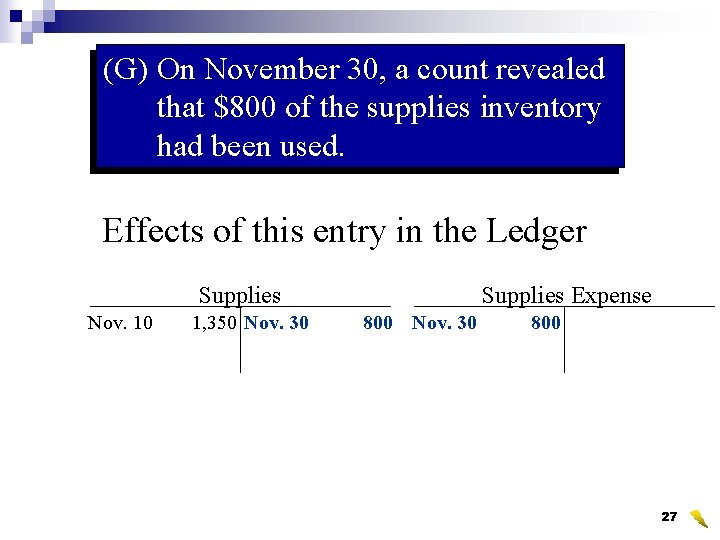 (G) On November 30, a count revealed that $800 of the supplies inventory had