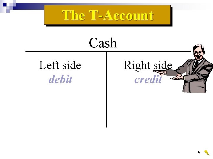 The T-Account Cash Left side debit Right side credit 6 