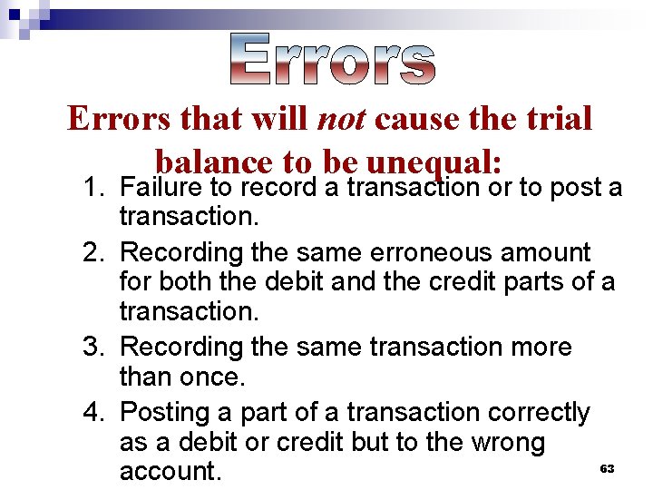 Errors that will not cause the trial balance to be unequal: 1. Failure to