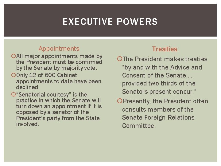 EXECUTIVE POWERS Appointments All major appointments made by the President must be confirmed by