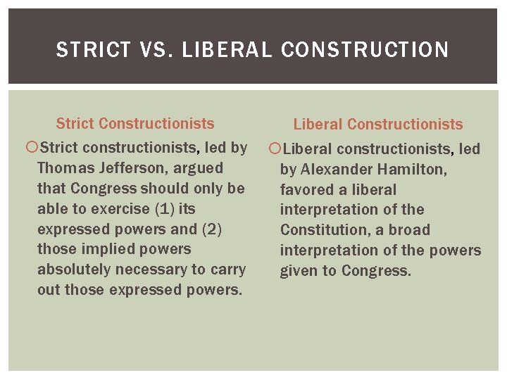 STRICT VS. LIBERAL CONSTRUCTION Strict Constructionists Strict constructionists, led by Thomas Jefferson, argued that