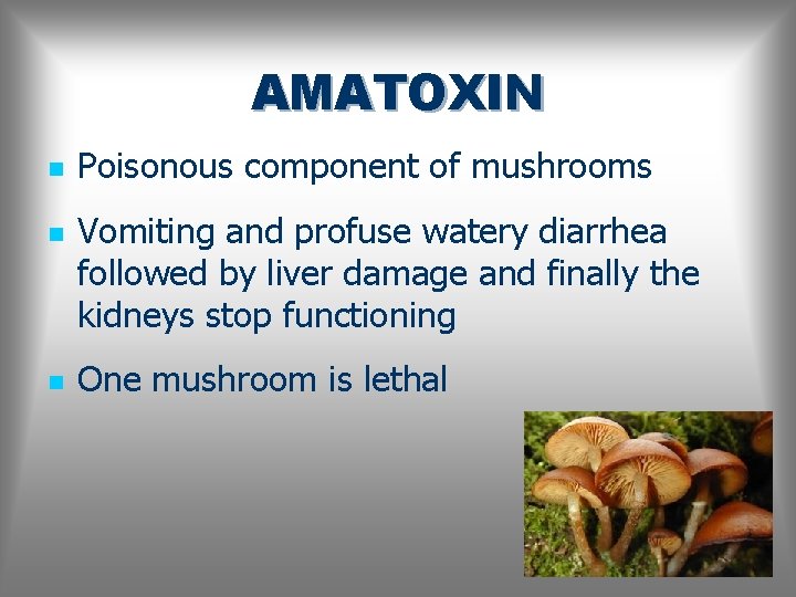 AMATOXIN n n n Poisonous component of mushrooms Vomiting and profuse watery diarrhea followed