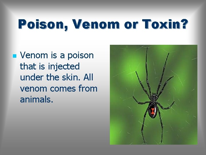 Poison, Venom or Toxin? n Venom is a poison that is injected under the