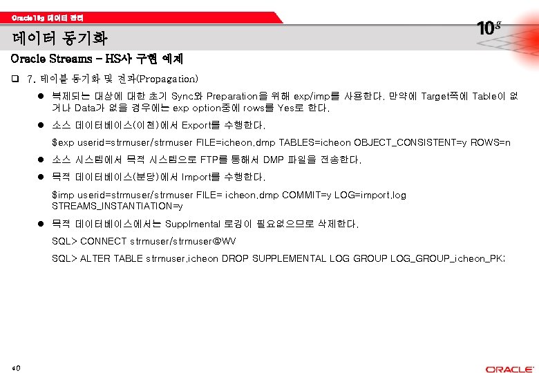 Oracle 10 g 데이터 관리 데이터 동기화 Oracle Streams – HS사 구현 예제 q