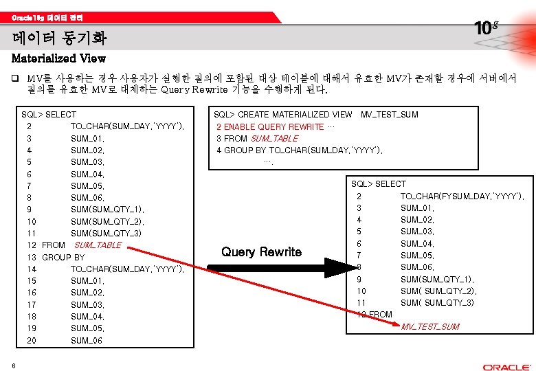 Oracle 10 g 데이터 관리 데이터 동기화 Materialized View q MV를 사용하는 경우 사용자가