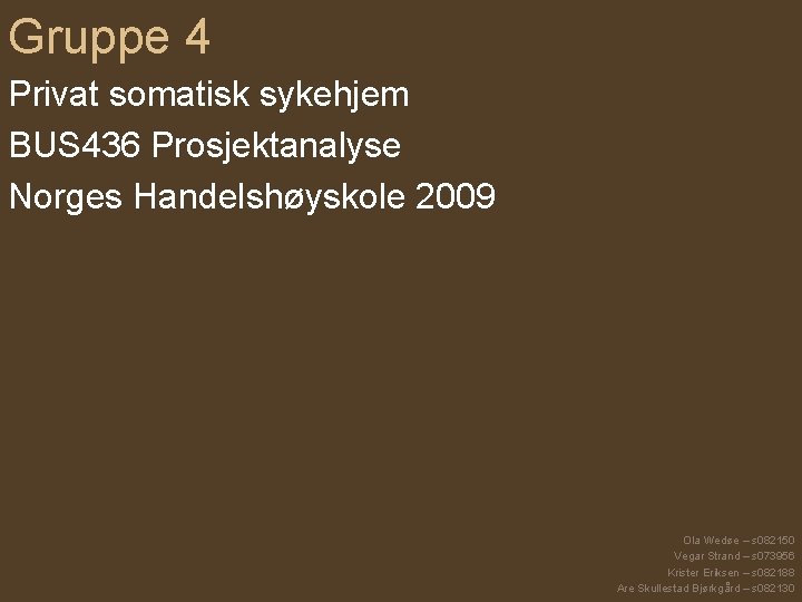 Gruppe 4 Privat somatisk sykehjem BUS 436 Prosjektanalyse Norges Handelshøyskole 2009 Ola Wedøe –